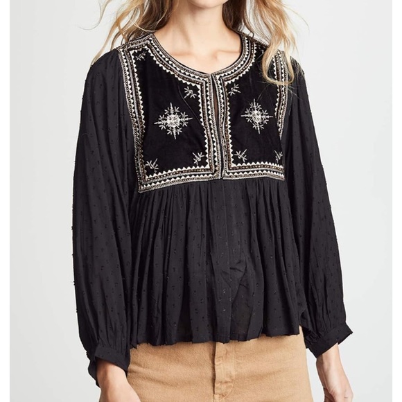 Velvet by Graham & Spencer Tops - VELVET by Graham & Spencer Black and Gold Embroidered Beaded Velvet Drape Blouse